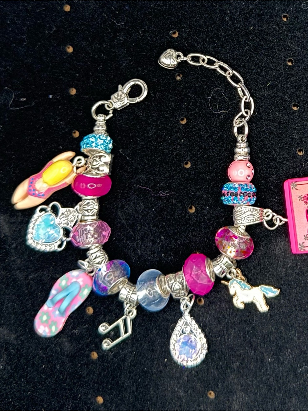 Charm Bracelet with Pink, Blue & Turquoise Glass Beads Cassette, Flip flop, Tear
